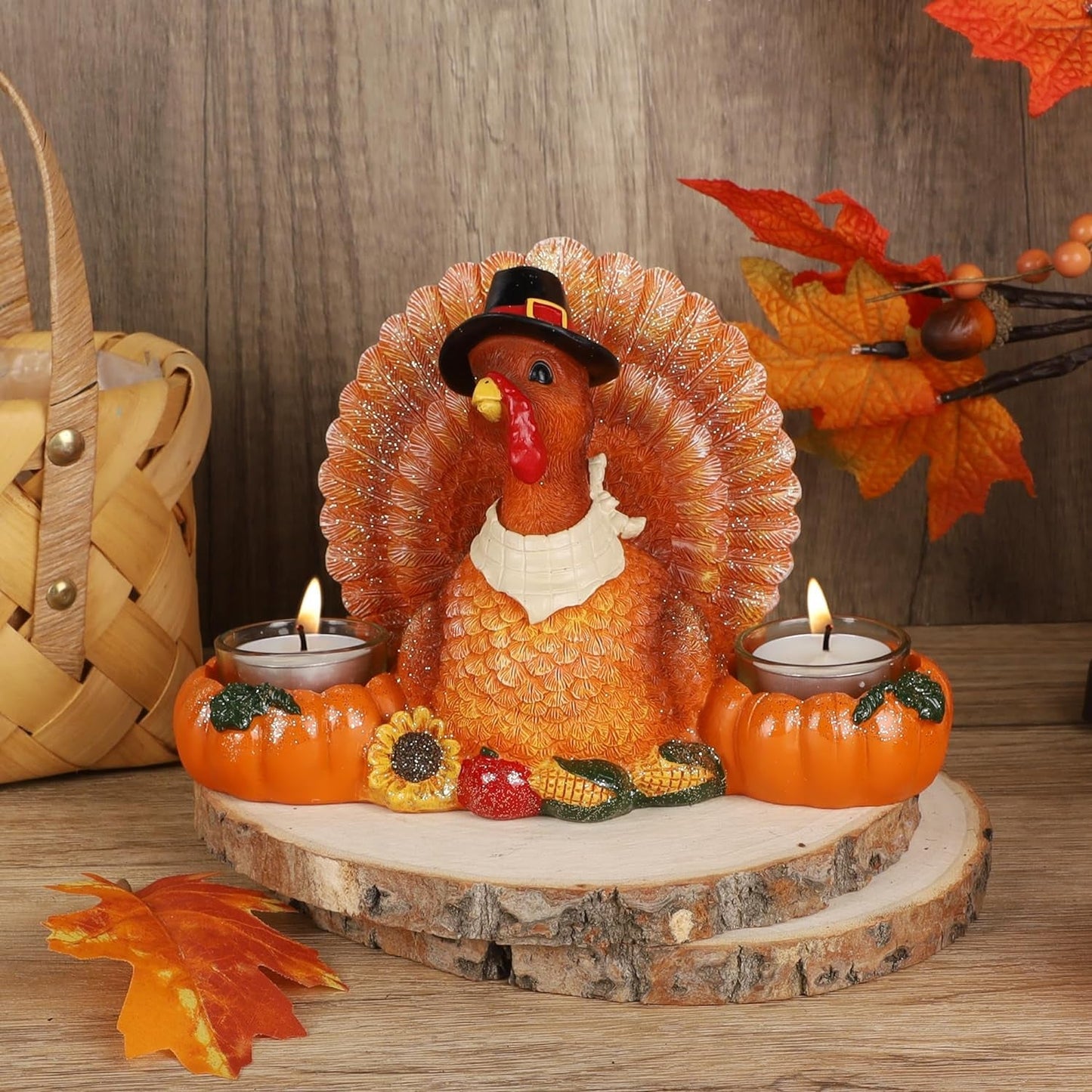 Winemana Thanksgiving Table Decorations Turkey with Candle Holder, Resin Turkey Figurine Tea Light Candleholders, Fall Home Decor Tabletop Centerpieces for Harvest Day Kitchen Office