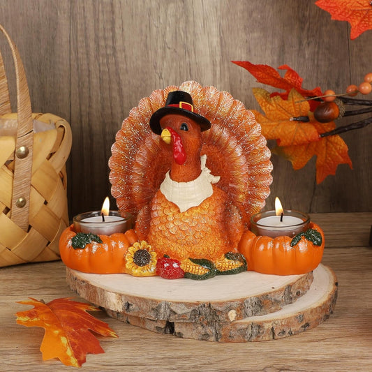Winemana Thanksgiving Table Decorations Turkey with Candle Holder, Resin Turkey Figurine Tea Light Candleholders, Fall Home Decor Tabletop Centerpieces for Harvest Day Kitchen Office
