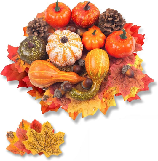 Domestar 50 PCS Thanksgiving Artificial Pumpkins and Gourds Set, 8 PCS Fake Pumpkins, 12 PCS Pinecones and Acorns, 30 PCS Fake Maple Leaves Fall Wedding Tables Centerpieces