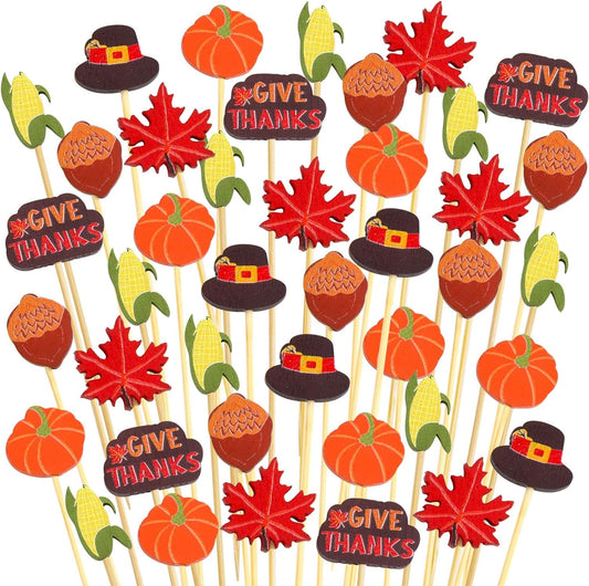 Thanksgiving Decorative Cocktail Picks 120PCS Fall Food Appetizer Sticks Fruit Toothpicks Harvest Decorations Party Supplies
