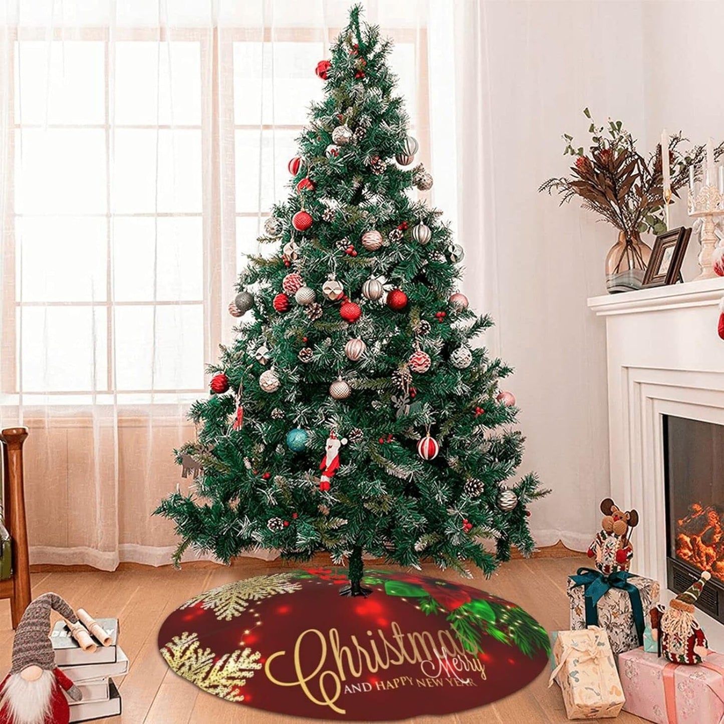 Christmas Tree Skirt Poinsettia Gold Snowflake Christmas Xmas 36 Inch Xmas Skirts for 4 Ft Pencil Tree Holiday New Year Party Decoration