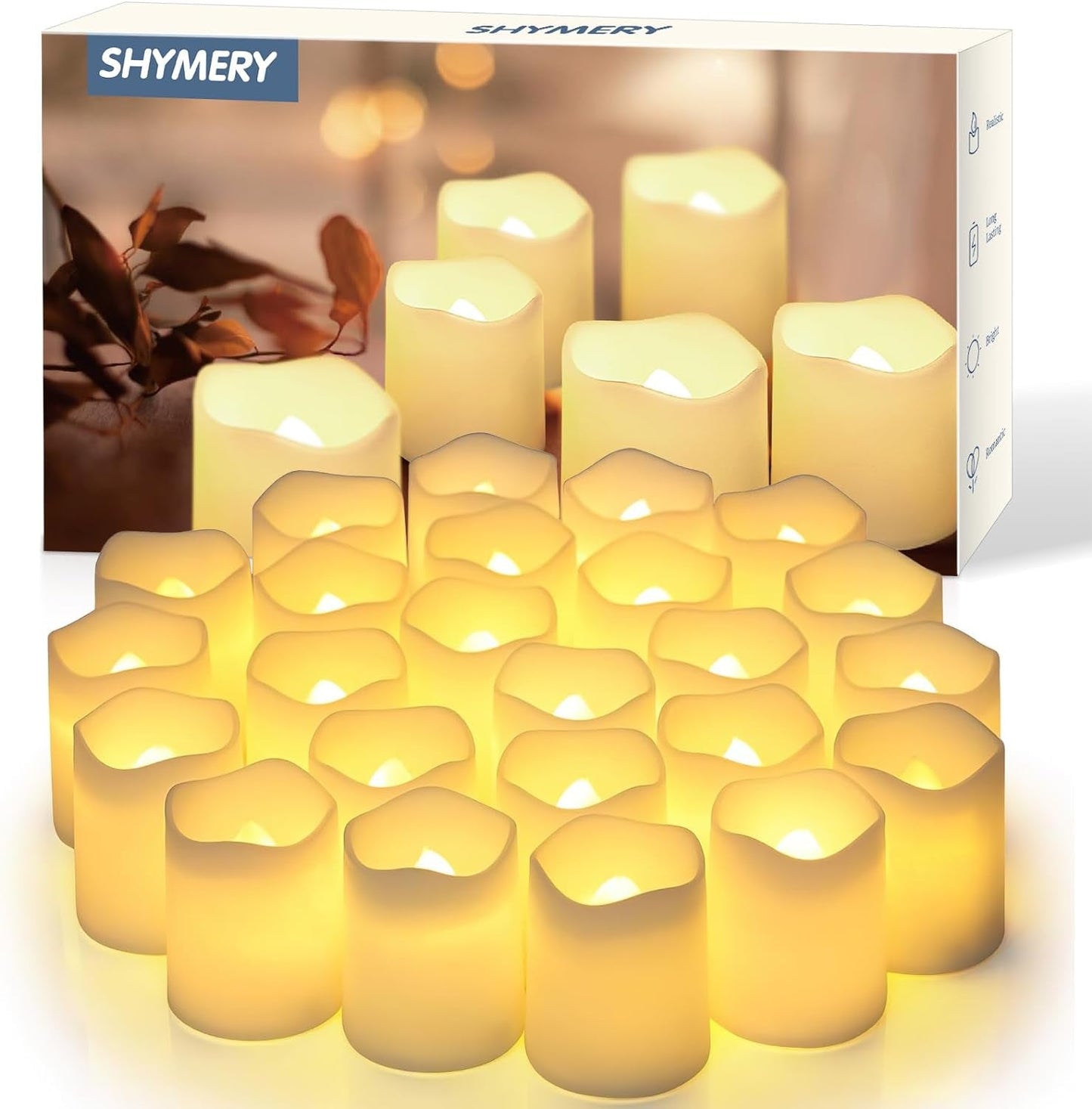 SHYMERY Flameless Votive Candles,Flameless Flickering Electric Fake Candle,24 Pack 200+Hour Battery Operated LED Tea Lights in Warm White for Wedding, Table, Festival, Halloween,Christmas Decorations