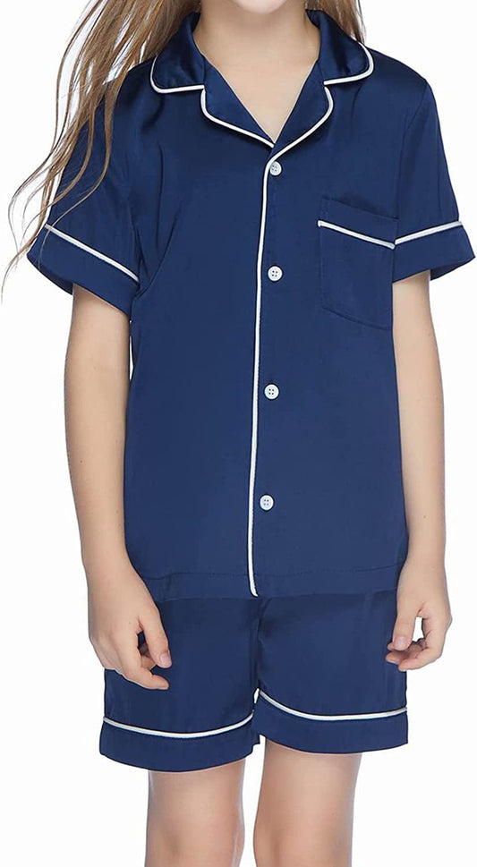 Ekouaer Boys Girls Satin Pajamas Set Silk Pjs Short Sleeve Kids 2 Piece Sleepwear Button-Down Nightwear(4-12T)