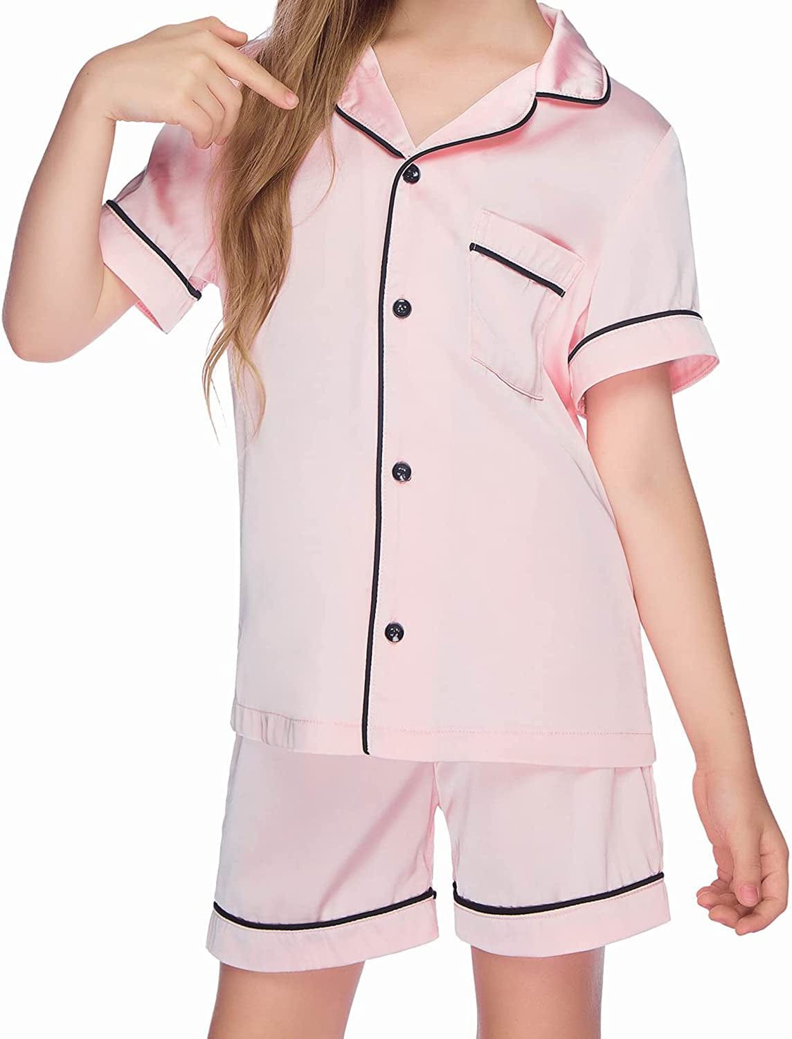 Ekouaer Boys Girls Satin Pajamas Set Silk Pjs Short Sleeve Kids 2 Piece Sleepwear Button-Down Nightwear(4-12T)
