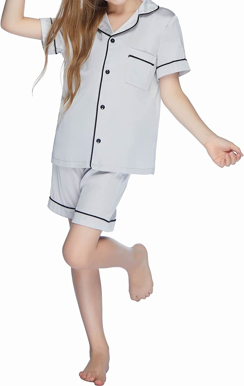 Ekouaer Boys Girls Satin Pajamas Set Silk Pjs Short Sleeve Kids 2 Piece Sleepwear Button-Down Nightwear(4-12T)