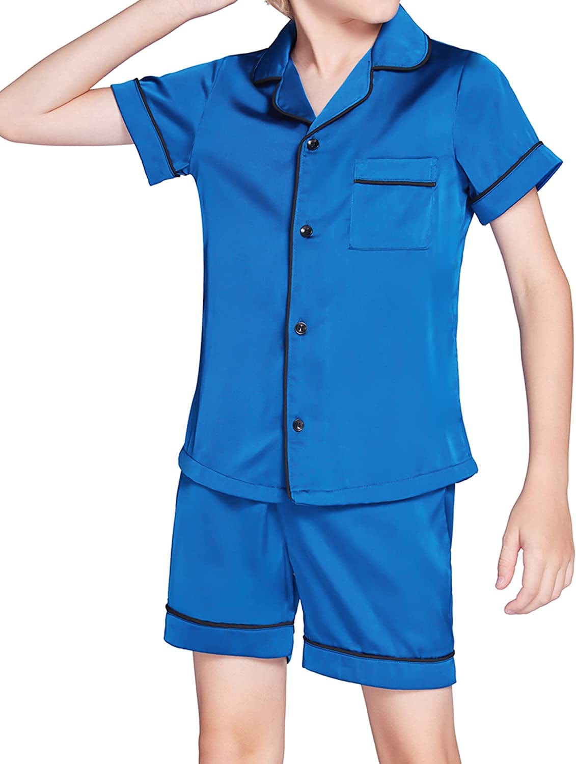 Ekouaer Boys Girls Satin Pajamas Set Silk Pjs Short Sleeve Kids 2 Piece Sleepwear Button-Down Nightwear(4-12T)