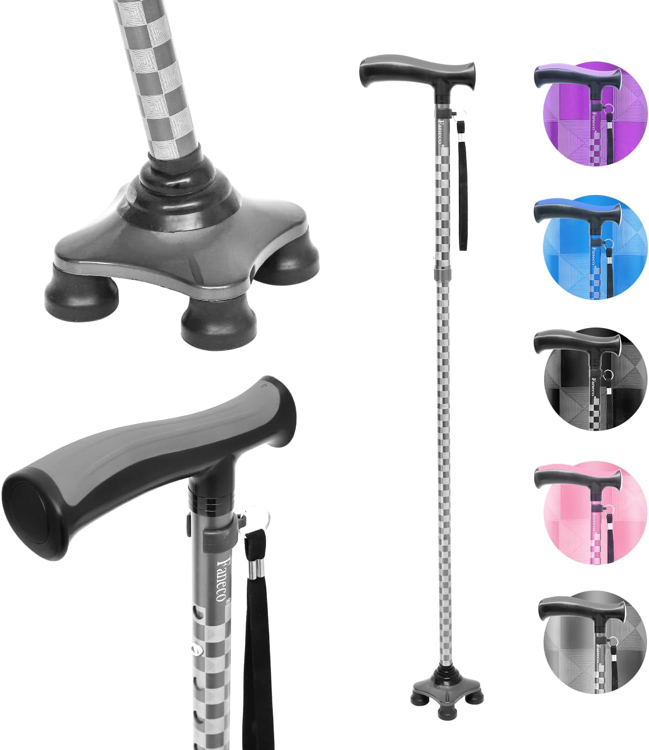 FANECO Walking Cane for Elderly, Folding Walking Stick for Seniors, Pivoting Quad Base, Lightweight Adjustable Walking Stick for Men/Women Home & Garden > Decor > Seasonal & Holiday Decorations NINGBOSHI GUOSHENG XINXI KEJI YOUXIANGONGSI Gray