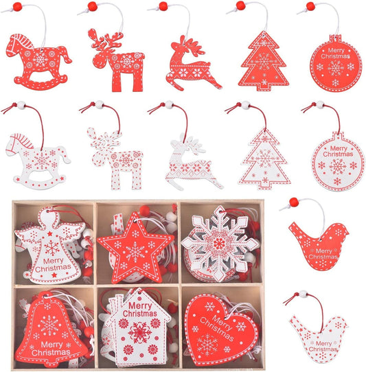 Christmas Ornaments, IDATOO 36 PCS Wooden Christmas Tree Hanging Decorations, Farmhouse Rustic Personalized Gift for Christmas Home Xmas Tree Window Door Accessories (36 Pcs)