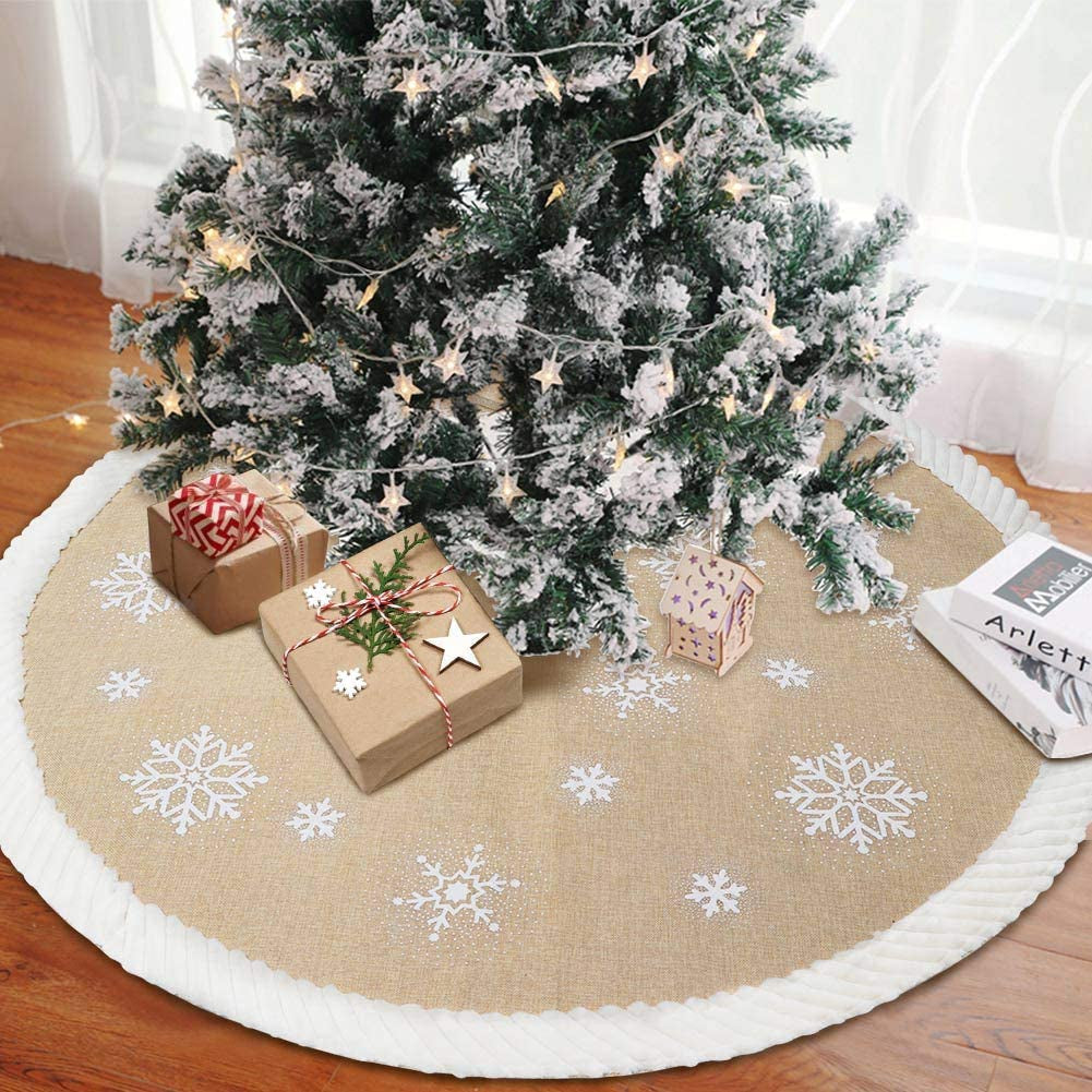 Ourwarm Christmas Tree Skirt 48Inch, White Snowflake Fur Burlap Tree Skirt for Xmas Decor Festive Holiday Decorations Indoor Outdoor